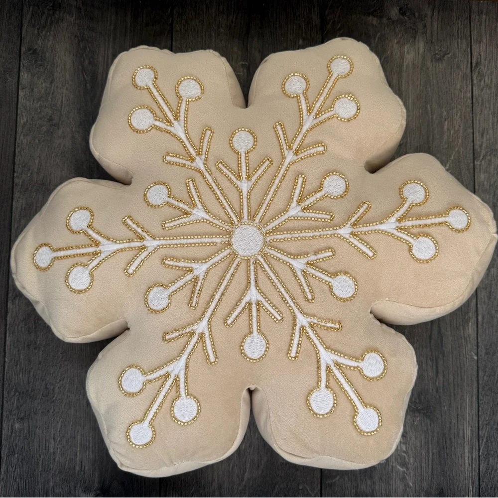 Holiday Snowflake Decorative Pillow - Beige with Gold Embroidery